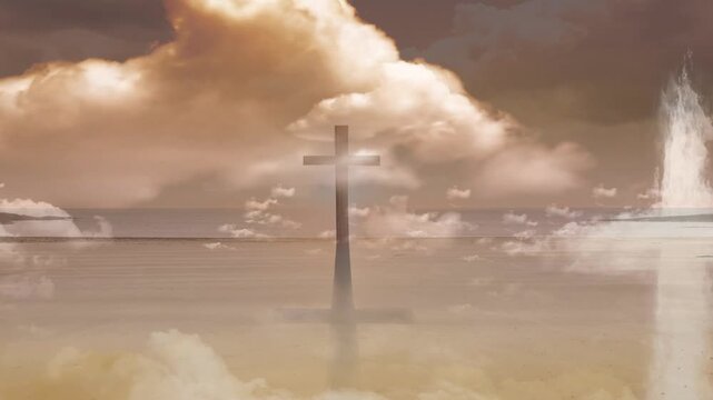 Faint cross holding over water while right plume rising, brightening glow, evoking spiritual theme