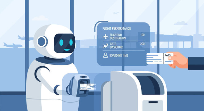 A friendly robot assists a traveler at an airport check-in counter, scanning a boarding pass.