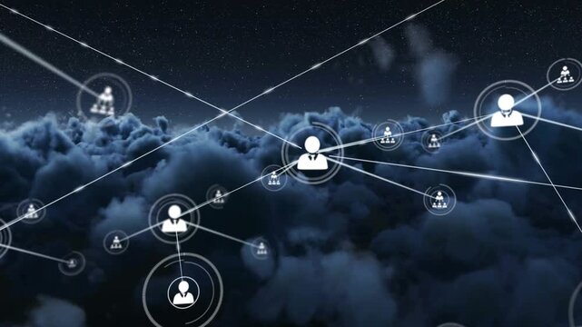 Core white icon sending 1st link above clouds HUD rings expanding business network connecting teams