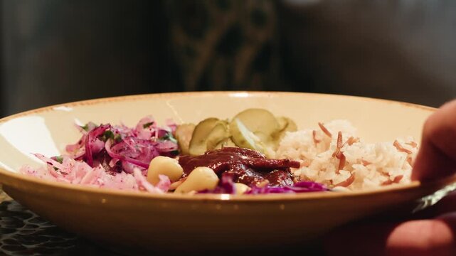 Gyros Plate with Rice and Salad isolated on white Background, turkish traditional rice with vegetables.