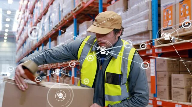 Warehouse packer checking scanner, sealing box with tape for shipping while IoT icons growing