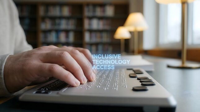 Detail of hands typing on a specialized braille keyboard, showcasing the vital role of inclusive technology and digital accessibility for visually impaired learners