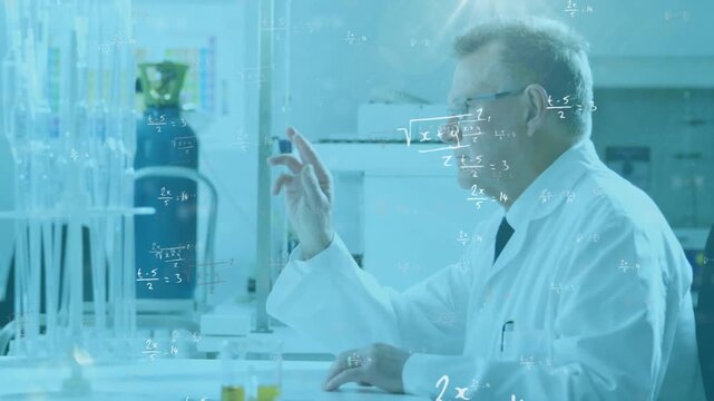 Vertical video: Senior scientist sitting lab bench pinching reaching to vial analyzing math overlay