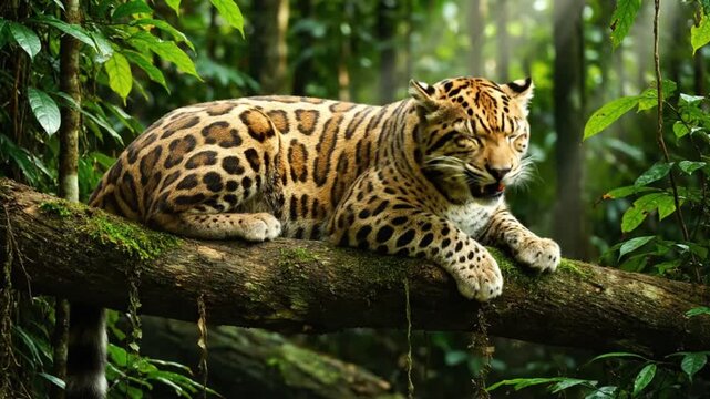 Leopard resting on tree branch.