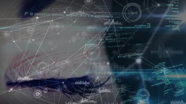 Woman's eye shifting gaze, initiating HUD overlays with networks, code and charts, analyzing data