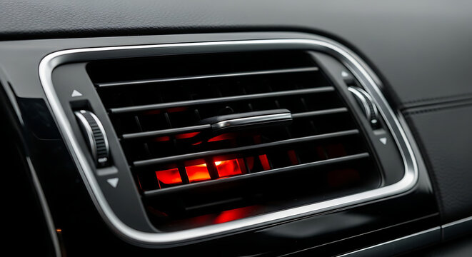 Close up of a car air vent with red light shining through the slats and control knob on the side