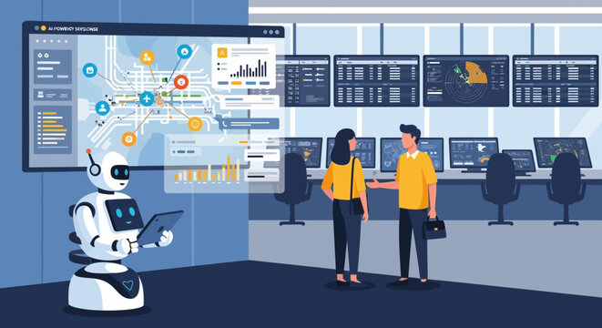 A futuristic control room with a robot assistant, large interactive screens displaying data, and two people discussing operations.