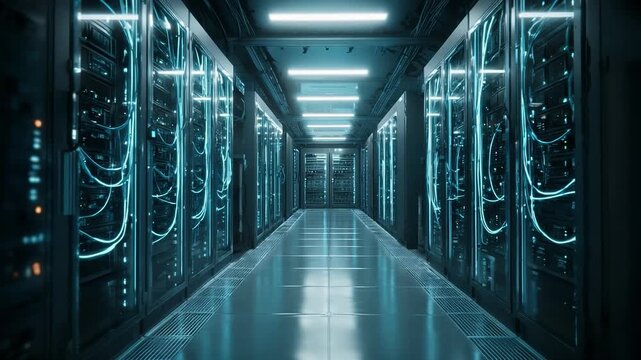 Modern data center corridor with rows of server racks and glowing cables. Technology infrastructure, cloud computing, data storage, cybersecurity, futuristic, high-tech, and network operations