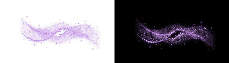PNG image of A dynamic swirl of shimmering purple particles and glittering dust forms an abstract wave on transparent background. © MariaAlam