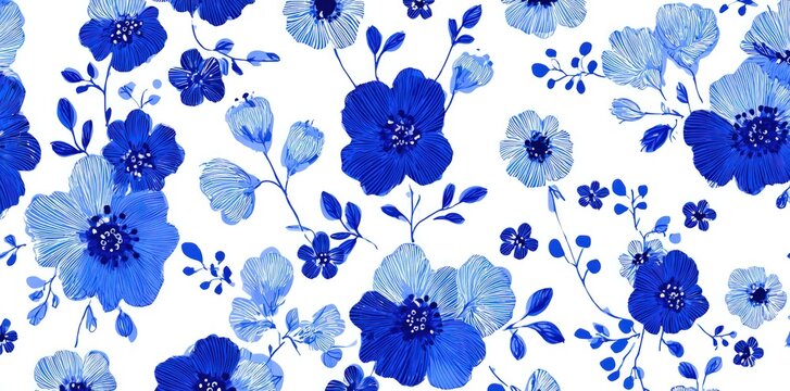 Blue floral pattern with painterly texture on white background