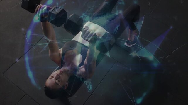 Fitness woman starting supine bridge and pressing dumbbells, holo network guiding chest training