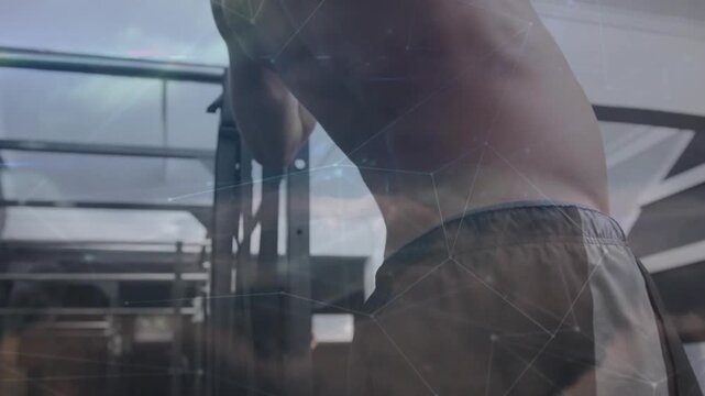 Man hanging from pull-up bar initiating reps, fitness training while cloud overlays tracking lats