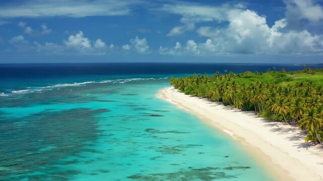 Palm fronds sway gently in tropical breeze while small waves wash onto the shore rhythmically 