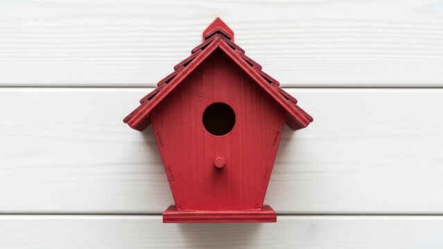 Vibrant red birdhouse against white background for nature concepts