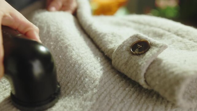 An electric fabric shaver removes pilling and lint from a white wool coat, demonstrating effective garment restoration and clothing maintenance.