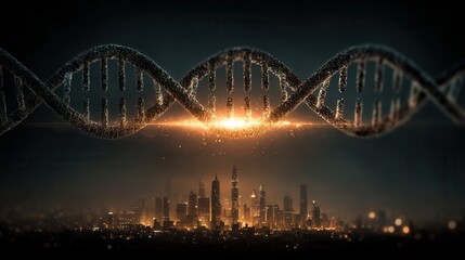 Obraz premium Glowing DNA double helix over futuristic cityscape at night