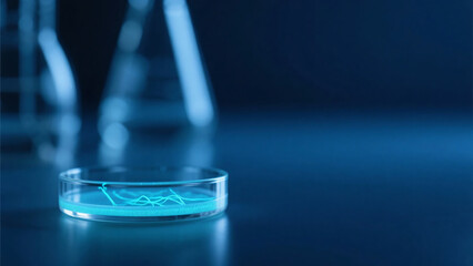 薄暗い青色の背景に置かれた青く発光する繊維状の物質が入ったシャーレの画像