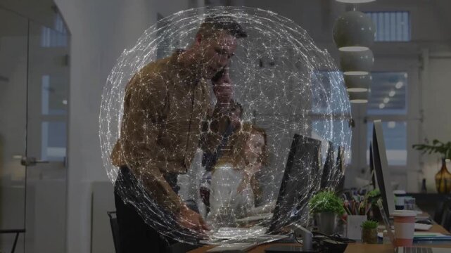 Animated globe appearing triggers man leaning typing speaking on phone while analyzing tech network