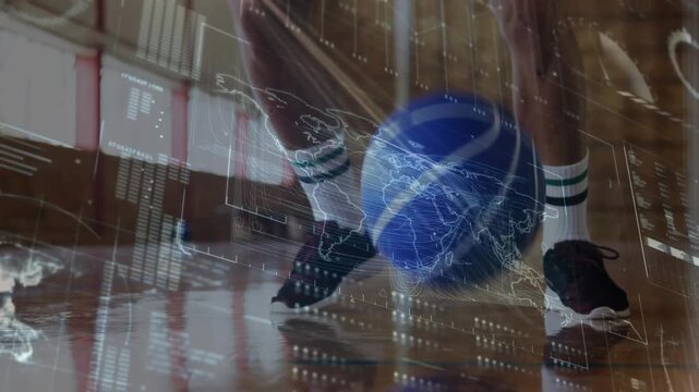 Male player's legs and feet starting dribble as blue basketball rebounds training footwork with HUD