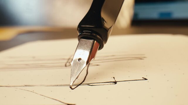 Fountain pen write letter, document sign on an antique handwritten letter. Vintage nib pen and handwritten english cursive style font copperplate, spencerian. Old history background. Retro style.