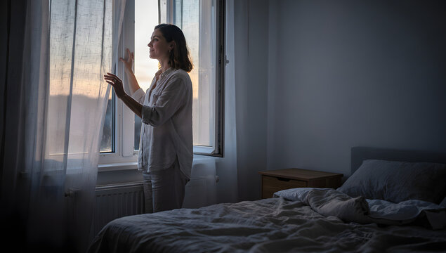Serene woman opening or closing curtains by the window in a dimly lit bedroom during early morning or late evening, allowing natural light to gently enter the quiet, personal space