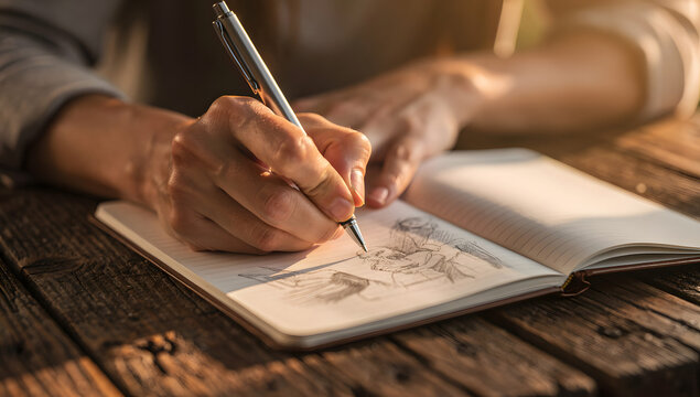 Close-up of hands writing meticulously with a pen in an open notebook on a rustic wooden table, bathed in warm natural sunlight, capturing thoughts, ideas, or journaling