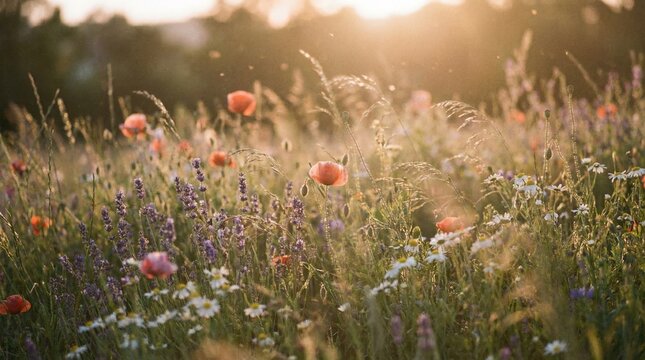 wildflowers in a meadow moving in the wind during golden hour, warm sunlight, dreamy atmosphere, soft focus