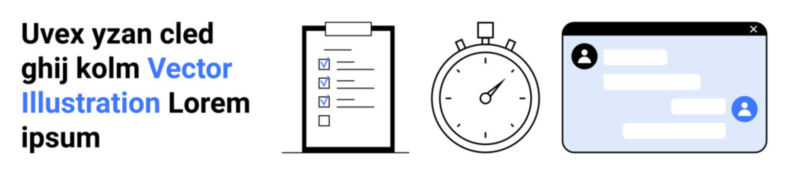 Productivity, organization, communication, project management, time tracking, daily tasks. A checklist, stopwatch timer and chat interface. Productivity and organization concept