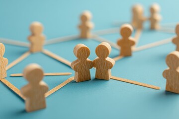 Obraz premium Wooden Figures Network: A visually striking close-up presents a network of interconnected wooden figures on a serene blue backdrop, illustrating concepts of communication and collaboration.