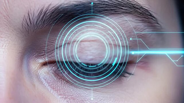 Close-up of a blue eye with futuristic technology scanning the iris