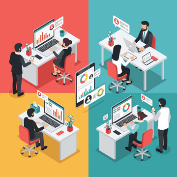 Isometric illustration of office workers at their desks, using computers and mobile devices.