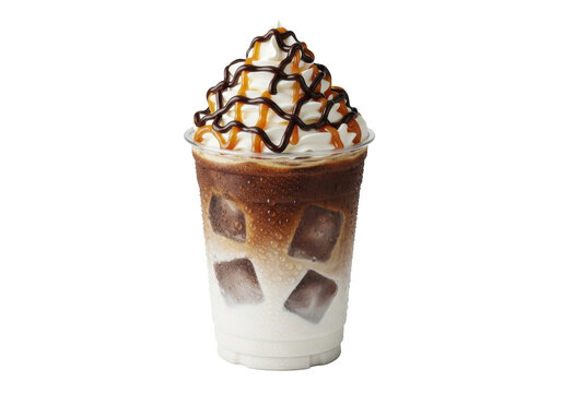 Iced cold brew latte, dark coffee, creamy milk, ice, condensation on cup, topped with whipped cream, caramel, chocolate sauce, white, luxury beverage ad concept