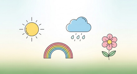 Fototapeta premium Colorful illustration of sun cloud with raindrops rainbow and pink flower in green field under blue sky