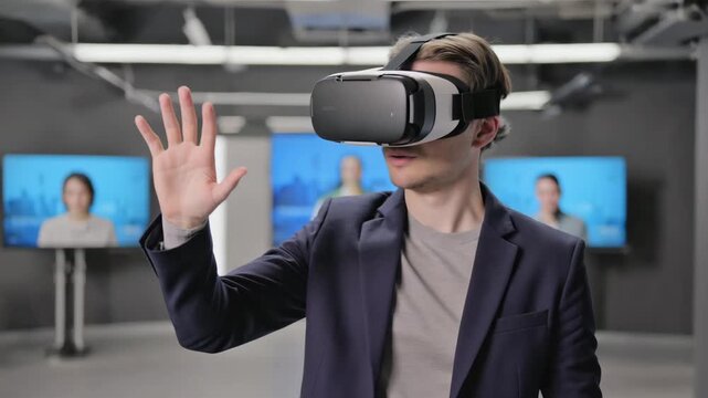Professional moves head while experiencing VR content and gestures to interact with virtual interface