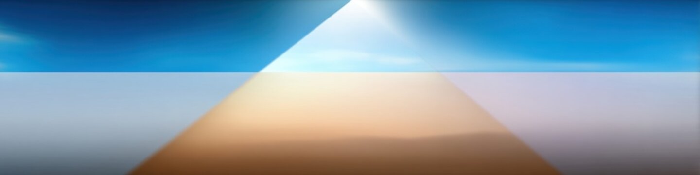 푸른 하늘과 지평선 사이로 강렬한 빛의 줄기가 쏟아지는 추상적인 공간 배경으로 미래지향적인 느낌과 깨끗한 여백을 제공하며 비즈니스 프레젠테이션이나 웹사이트 헤더에 적합한 파노라마 그래픽 디자인입니다.