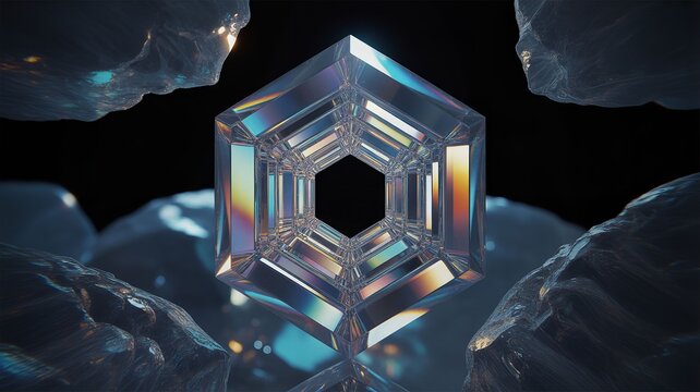 Iridescent crystal formation on dark background with hexagonal structure and rainbow reflections