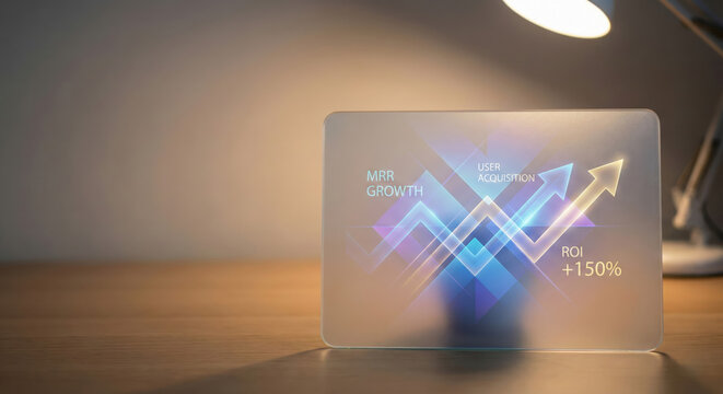 Saas performance marketing dashboard with glowing analytics graph for user acquisition growth and roi on wooden desk