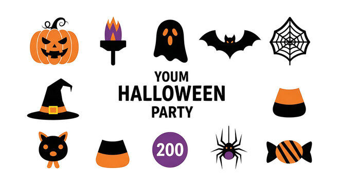 A halloween party invitation with pumpkin, ghost, bat, spiderweb and other spooky decorations
