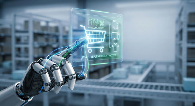 Ai shopping digital retail smart replenishment robotic hand warehouse technology futuristic interface innovation automation