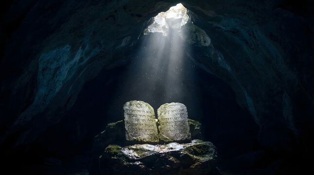 Ten Commandments stone tablets with Hebrew inscriptions illuminated by a divine beam of light inside a dark cave, a biblical spiritual scene.