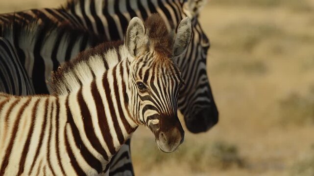 Closeup of herd of wild African zebra standing with baby zebra foal in savannah. epic shot of zebra closeup walking on grass. Wild animals of South Africa concept. Safari tourism. Wildlife of Tanzania