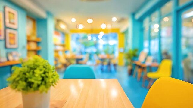 A small green plant on a wooden table in a colorful cafe interior