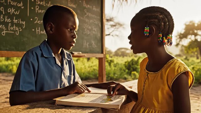 Two African children sharing a book and learning in a simple outdoor classroom for childhood education concept and future development