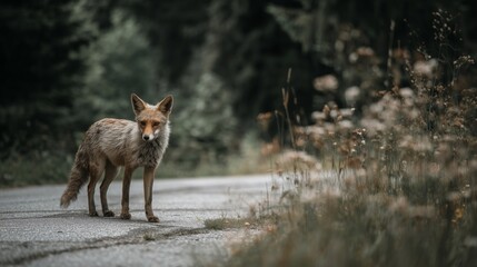 Naklejka premium Wild red fox crossing asphalt road in dark forest