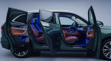 Fototapeta premium A green suv with all doors open revealing a luxurious brown leather interior and blue ambient lighting