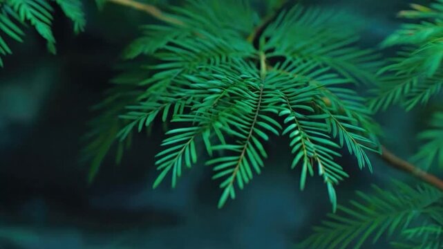 Lush green foliage of a conifer tree branch against a dark, blurred background