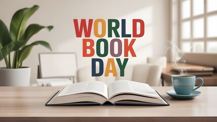 Fototapeta premium World book day celebration with open book and coffee on a table indoors