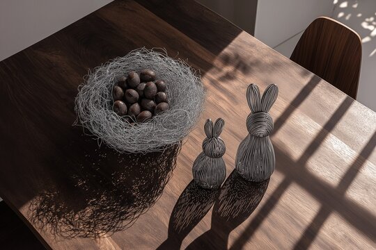 Pascua: Nido de aluminio con huevos de chocolate  sobre mesa con luz natural. juego de l&iacute;neas en alambre que sostiene la intensidad del chocolate la luz natural dibuja la decoracion en la mesa