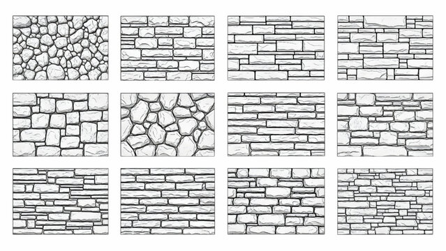 Architectural Material CAD Texture Stone Wall Patterns, Scalable Drawings for Architecture, Isolated on White Background