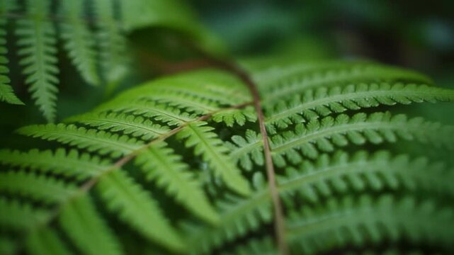 Close-up of vibrant green fern fronds with intricate details and a blurred background